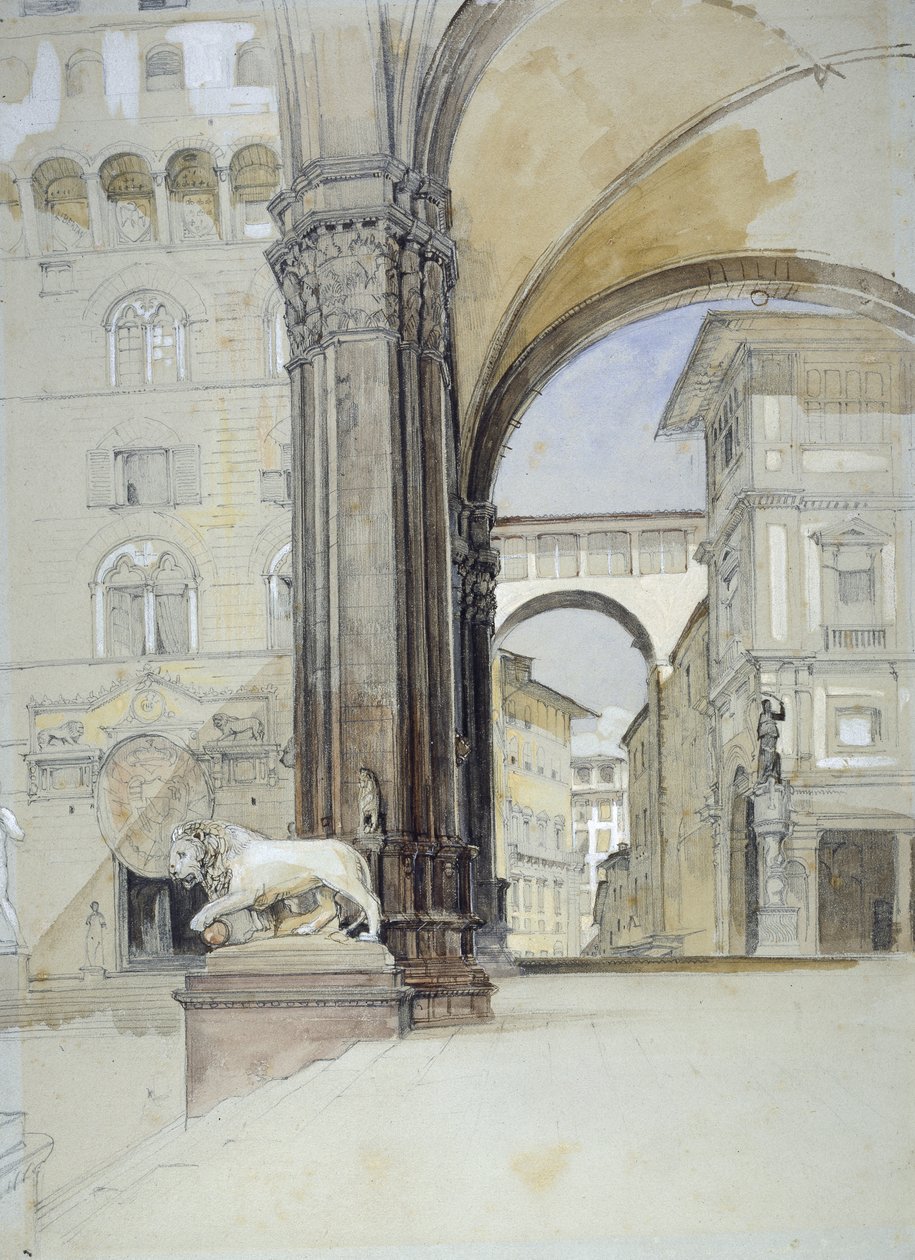 فلورنسا: Palazzo Vecchio و Uffizi (ألوان مائية على طباشير أسود مع قلم وحبر بني على ورق أخضر باهت) بواسطة جون فريدريك لويس