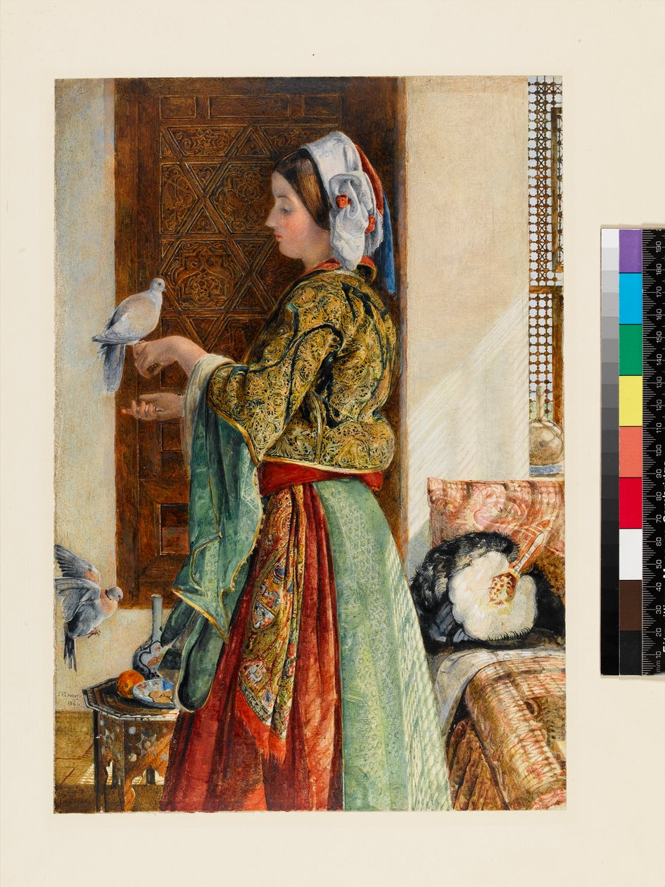 فتاة مع اثنين من حمامات القفص ، القاهرة ، 1864 (مرحاض ولون الجسم فوق قلم رصاص على بطاقة رقيقة) بواسطة جون فريدريك لويس