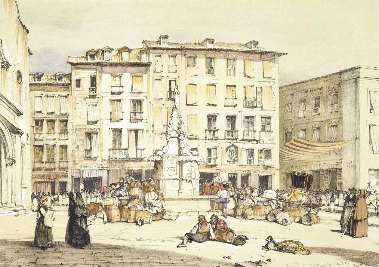 لا بويرتا ديل سول ، مدريد ، من "اسكتشات إسبانيا" ، نقشها تشارلز جوزيف هولمانديل (1789-1850) ، نُشر عام 1836 بواسطة جون فريدريك لويس