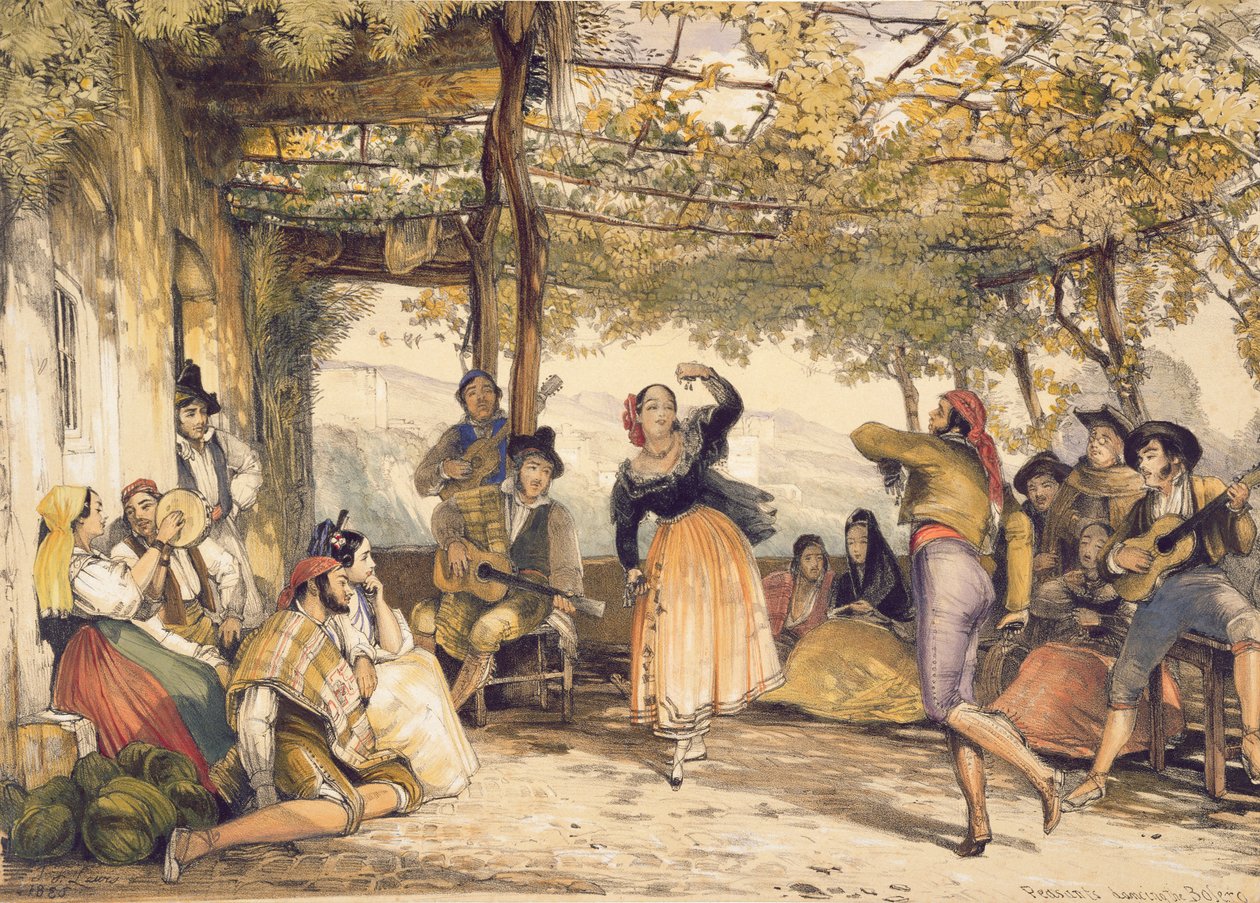 الفلاحون يرقصون على بوليرو ، من "اسكتشات إسبانيا" ، نقشها تشارلز جوزيف هولمانديل (1789-1850) ، نُشر عام 1836 بواسطة جون فريدريك لويس