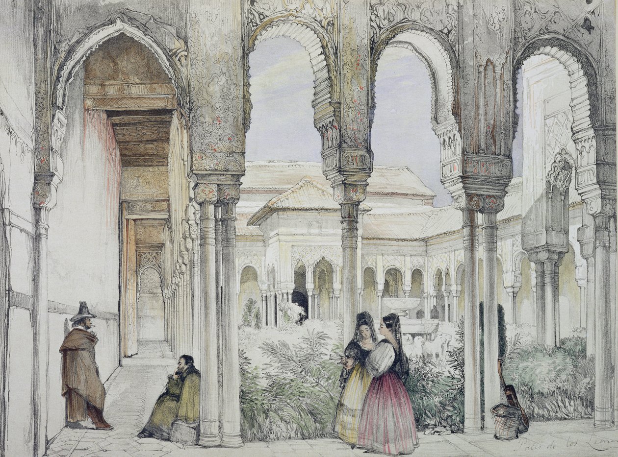محكمة الأسود (Patio de los Leones) ، من "اسكتشات ورسومات قصر الحمراء" ، نقشها ويليام غوتشي (fl.1825-54) ، 1835 بواسطة جون فريدريك لويس