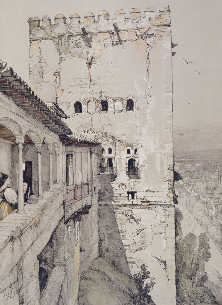برج كوماريس (Torre de Comares) ، من "اسكتشات ورسومات الحمراء" ، نقشها جيمس دوفيلد هاردينج (1798-1863) ، 1835 بواسطة جون فريدريك لويس