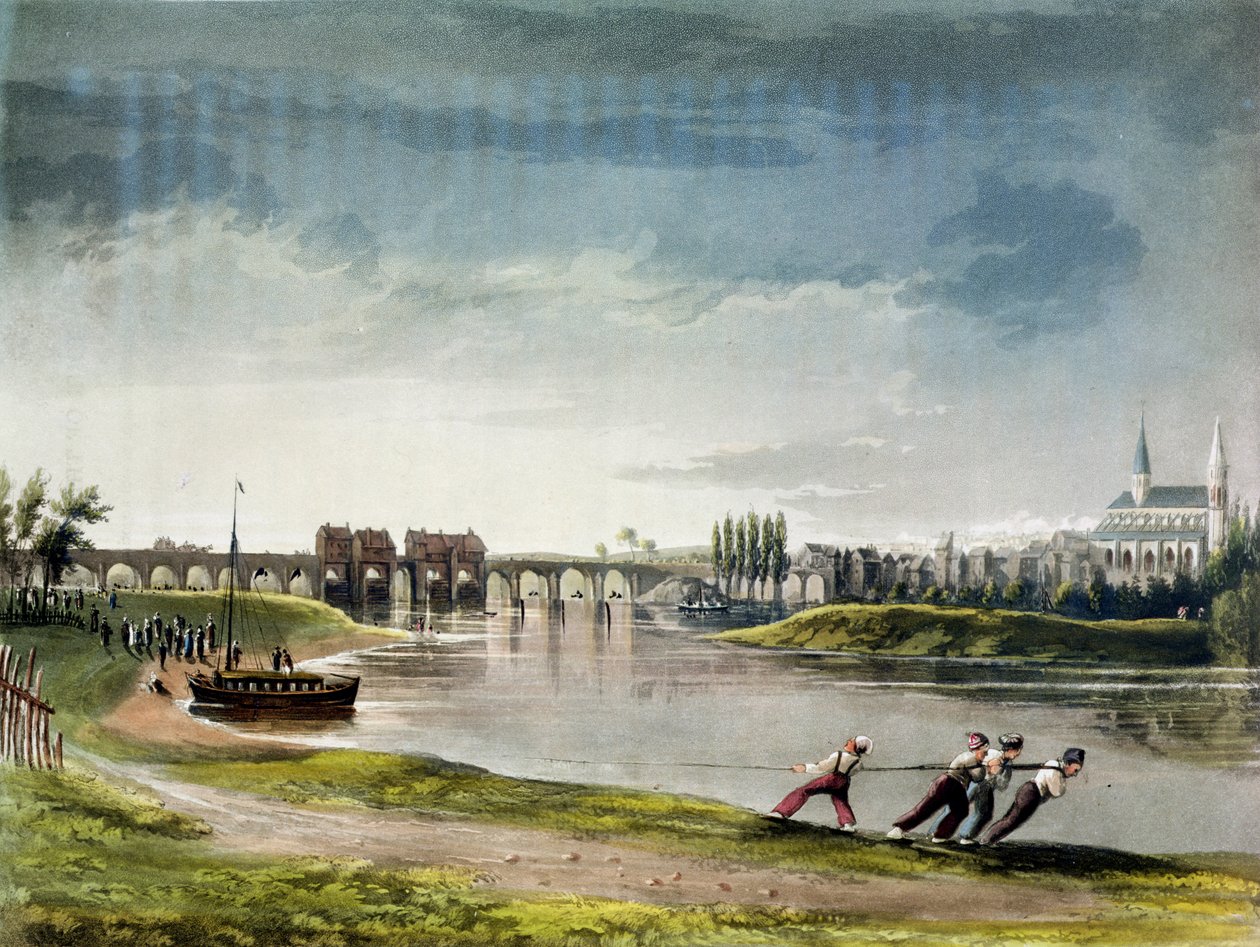 Poissy ، من "آراء على نهر السين" ، نقشها توماس ساذرلاند (مواليد 1785) نشرها R. Ackermann (1764-1834) 1821 بواسطة جون جندال