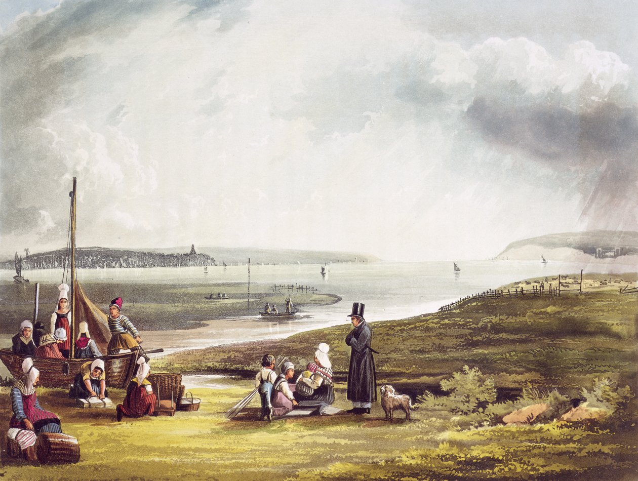 Quillebeuf ، من "المشاهدات على نهر السين" ، نقشها توماس ساذرلاند (مواليد 1785) نشرها R. Ackermann (1764-1834) 1821 بواسطة جون جندال