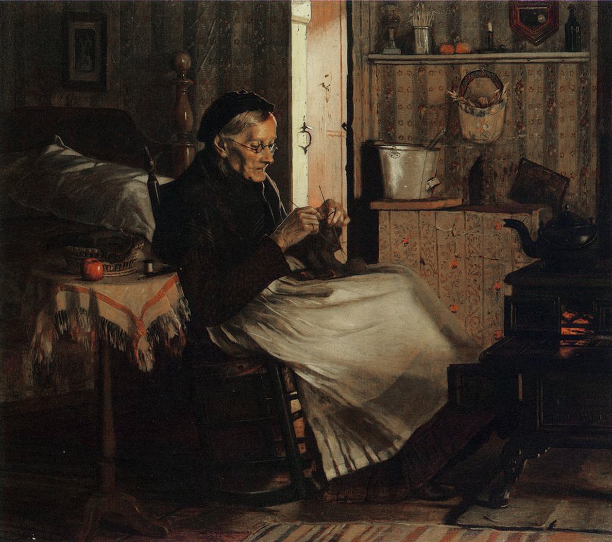 الحياكة امرأة عجوز ، c.1893 بواسطة جون جورج براون