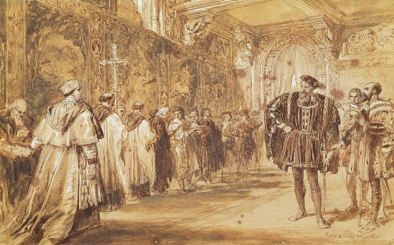 هنري الثامن والكاردينال توماس ولسي ، 1861 (قلم وحبر على ورق) بواسطة جون جيلبرت