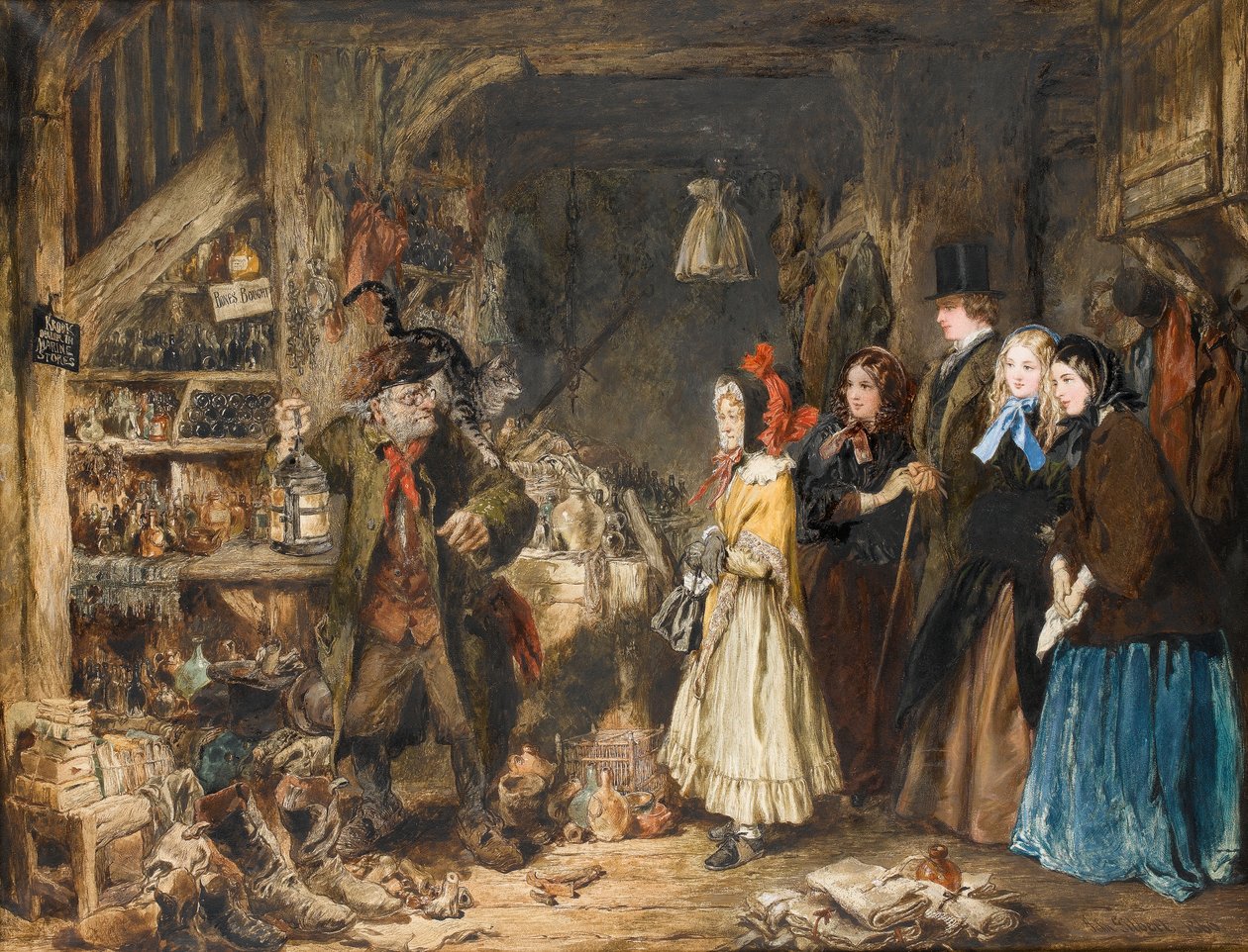 تقدم الآنسة فليت The Wards in Jarndyce إلى Krook ، The Lord Chancellor ، مشهد من Bleak House بواسطة Charles Dickens ، c.1860 (مرحاض على ورق) بواسطة جون جيلبرت