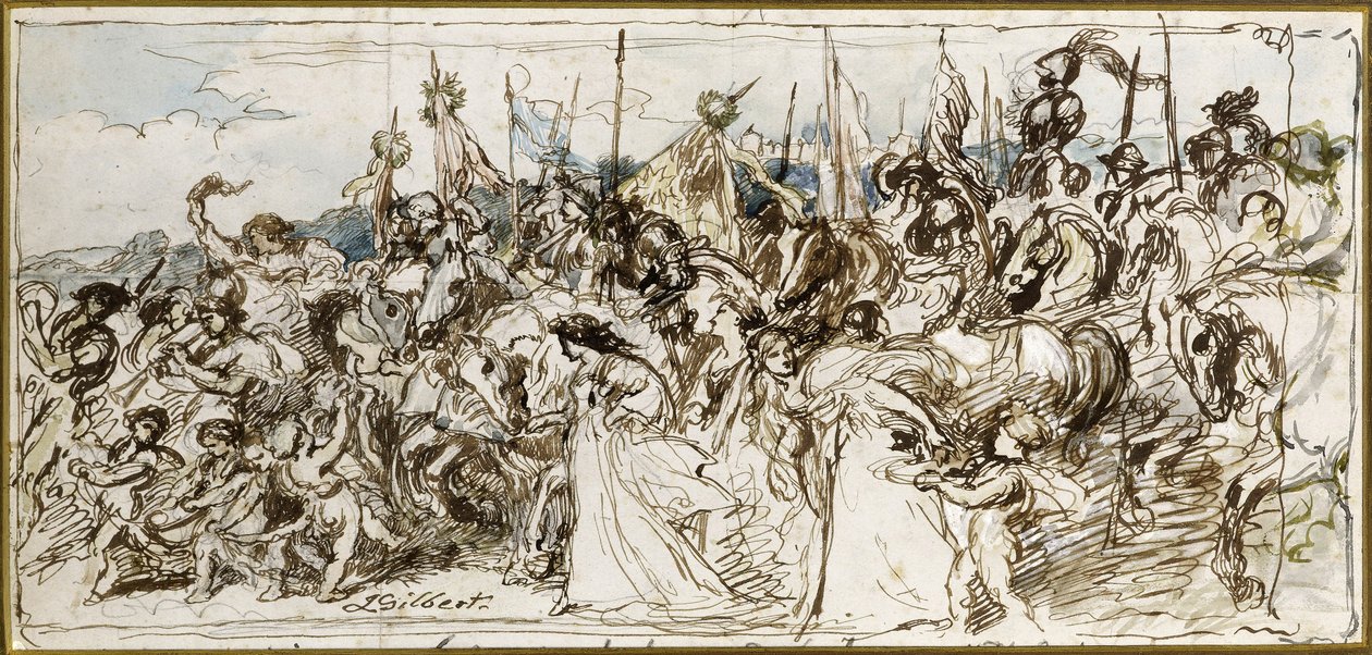 رسم تخطيطي لـ "عودة المنتصرين" ، 1879 (قلم وحبر ومرحاض) بواسطة جون جيلبرت