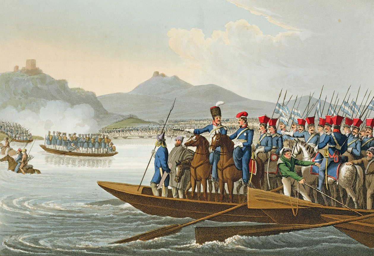 جيش الحلفاء يعبر نهر الراين لغزو فرنسا ، 1813 ، منقوش من قبل ماثيو دوبورج (fl.1813-20) من `` الحكايات التاريخية والعسكرية والبحرية &39;&39;. بواسطة إدوارد أورم (1774-ج 1820) 1816 (أكواتينت) بواسطة جون هيفيسايد كلارك