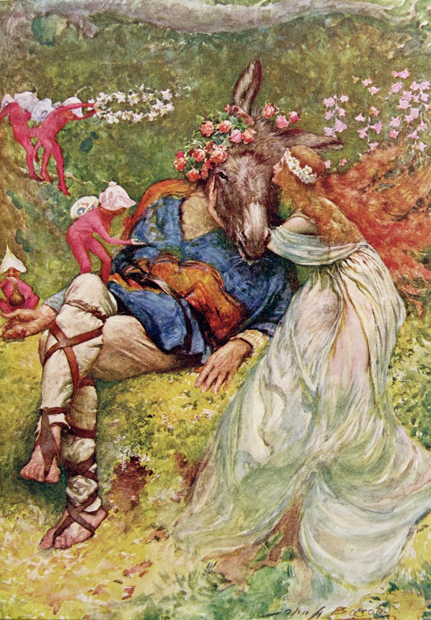 Titania and Bottom in A Midsummer Night Dream من &39;قصص الأطفال من شكسبير&39; بواسطة إديث نسبيت (1858-1924) حانة. بواسطة Raphael Tuck und Sons Ltd. ، لندن (رسم توضيحي للكتاب) بواسطة جون هنري فريدريك بيكون