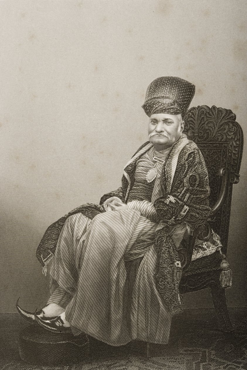 السير Jamsetjee Jeejeebhoy (1783-1859) منقوش بواسطة DJ Pound من صورة ، من "غرفة الرسم للشخصيات البارزة ، المجلد 2" ، نُشر في لندن ، 1860 بواسطة جون جابيز إدوين بيزلي مايال