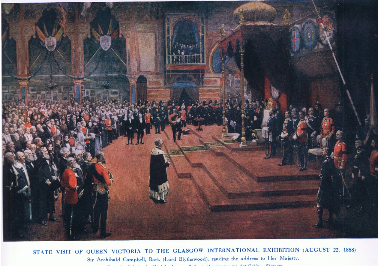 زيارة رسمية للملكة فيكتوريا إلى معرض غلاسكو الدولي (22 أغسطس 1888) ، من Cassells History of the British People نشرتها شركة Waverley Book Company Limited ، c.1940 (لون ليثو بواسطة جون لافري