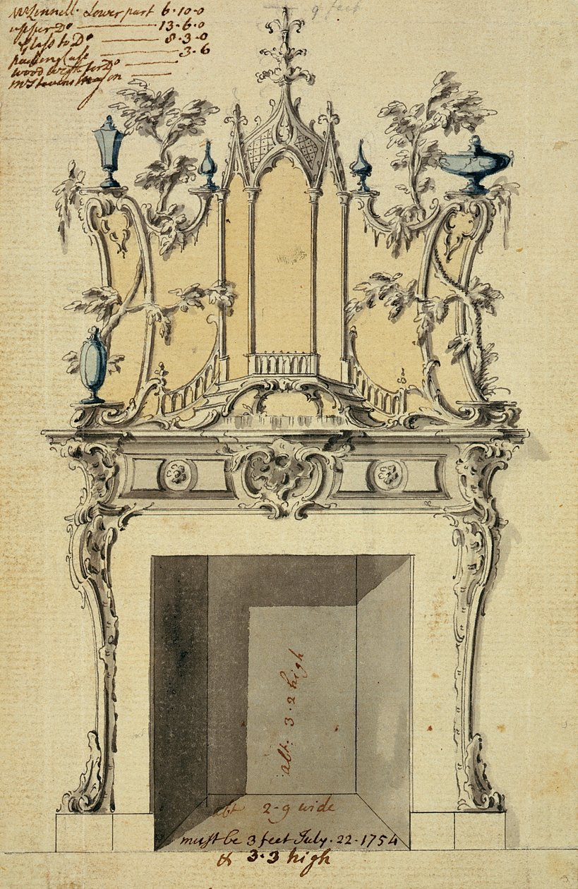 تصميم لمدخنة الروكوكو ، 1754 (قلم وحبر ومرحاض على ورق) بواسطة جون لينيل