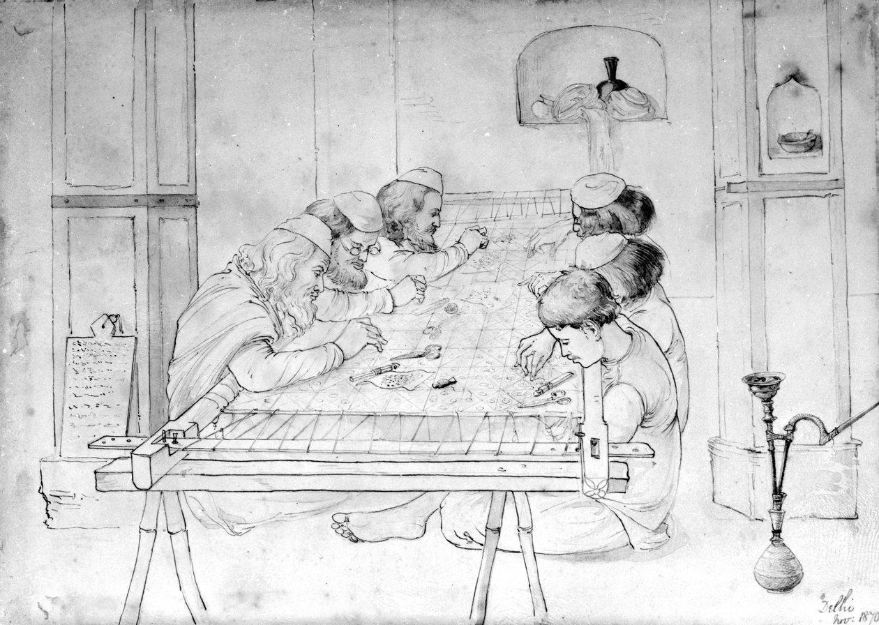 رجال يعملون في إطار تطريز ، 1870 (قلم رصاص وقلم وغسل على ورق) بواسطة جون لوكوود كيبلينج