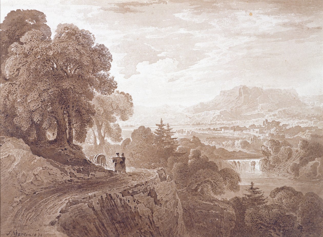 المسافرون على طريق فوق نهر ، 1821 (غسيل بني فوق الجرافيت على ورق) بواسطة جون مارتن