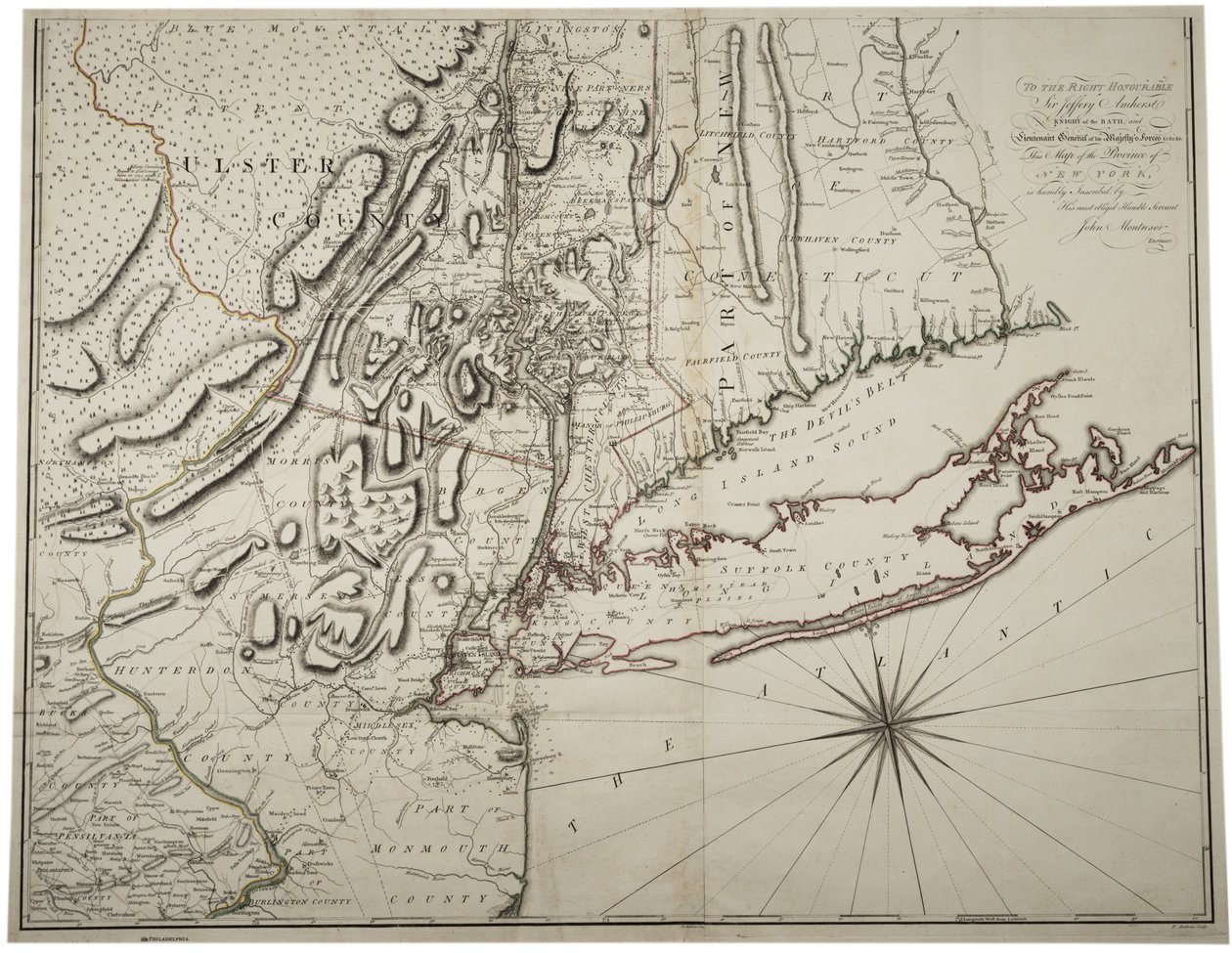 خريطة ولاية نيويورك السفلى والمناطق المحيطة بها ، c.1775 بواسطة جون مونتريسور
