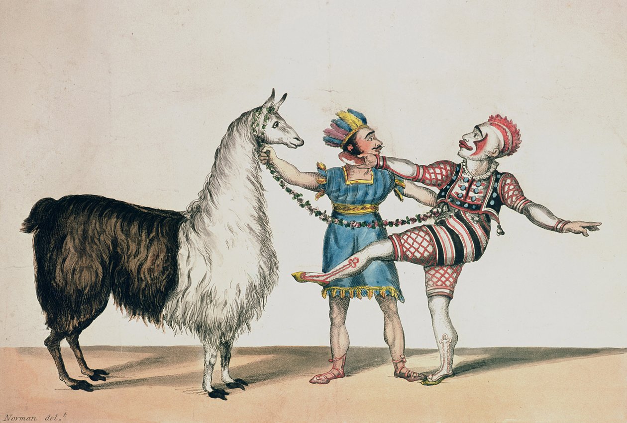 Grimaldi and the Alpaca، in the Pantomime of the Red Dwarf، pub. 1813 في لندن بواسطة جون نورمان