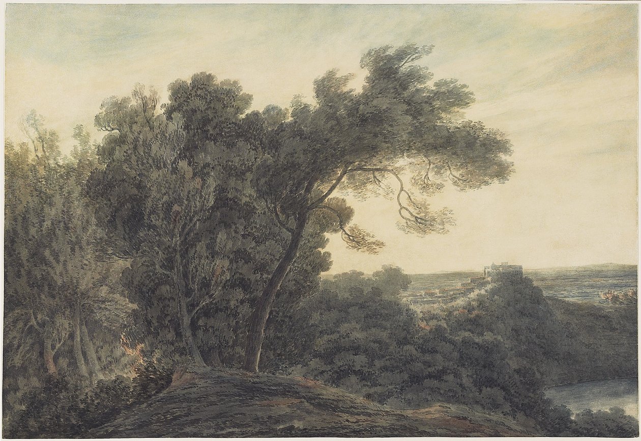 بحيرة ألبانو وقلعة جاندولفو ، c.1778 (مرحاض فوق الجرافيت على ورق منسوج) بواسطة جون روبرت Cozens