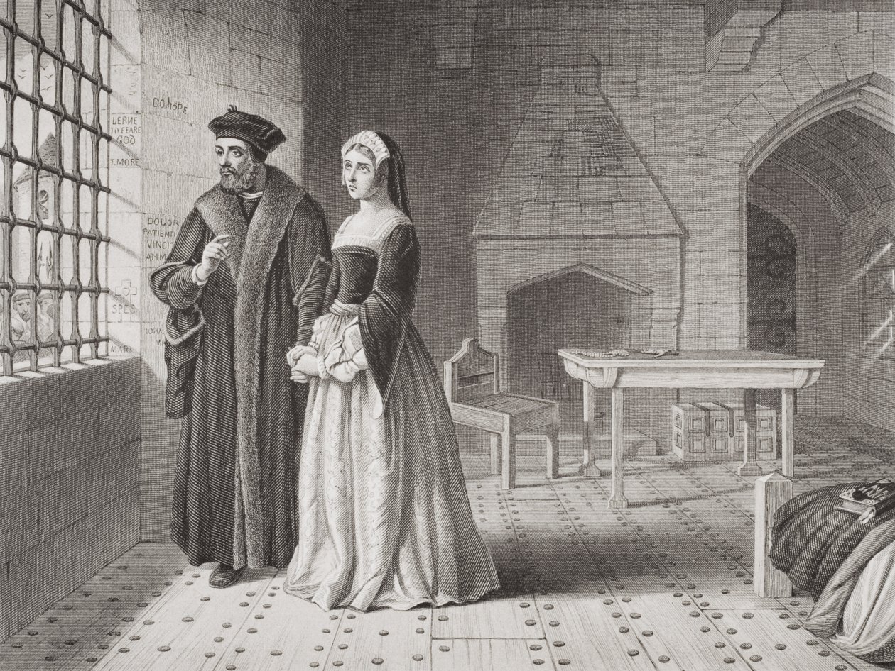 السير توماس مور (1477-1535) وابنته مارغريت ، يراقبون الرهبان الذين يذهبون إلى الإعدام من نافذة سجنه ، من المجلد "رسوم توضيحية من الإنجليزية والتاريخ الاسكتلندي" المجلد الأول بواسطة جون روجرز هربرت