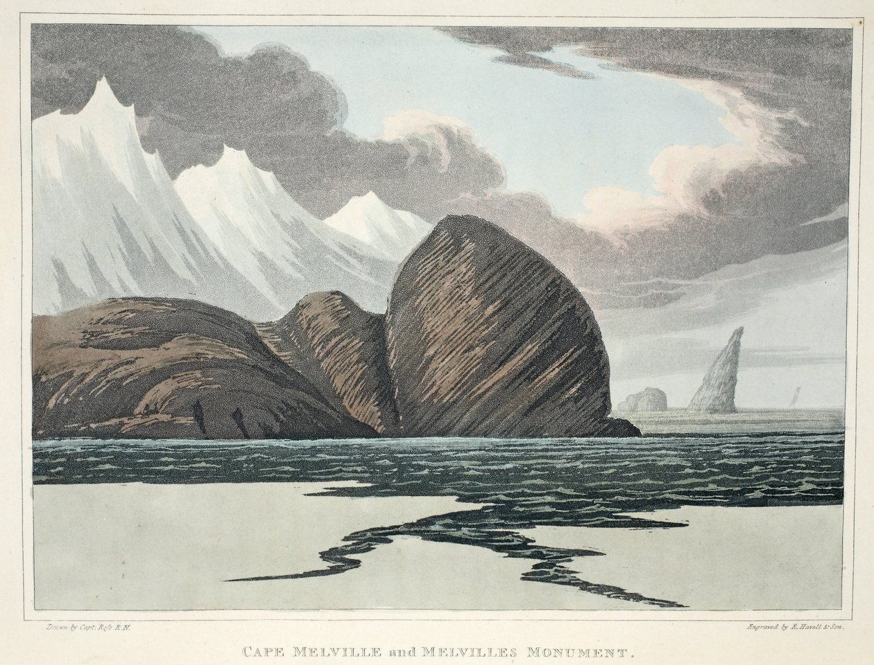 نصب رأس ميلفيل ونصب ميلفيل ، رسم توضيحي من "رحلة استكشافية ..." ، 1819 (نقش يدوي) بواسطة جون روس