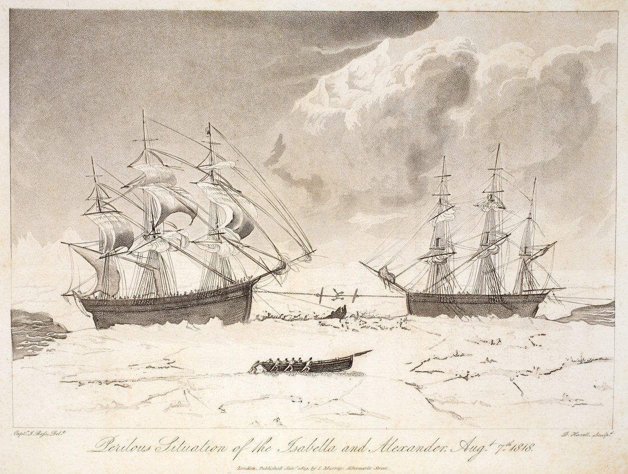 الوضع الخطير لإيزابيلا والكسندر ، 7 أغسطس 1818 ، رسم توضيحي من "رحلة اكتشاف ..." ، 1819 (نقش يدوي) بواسطة جون روس