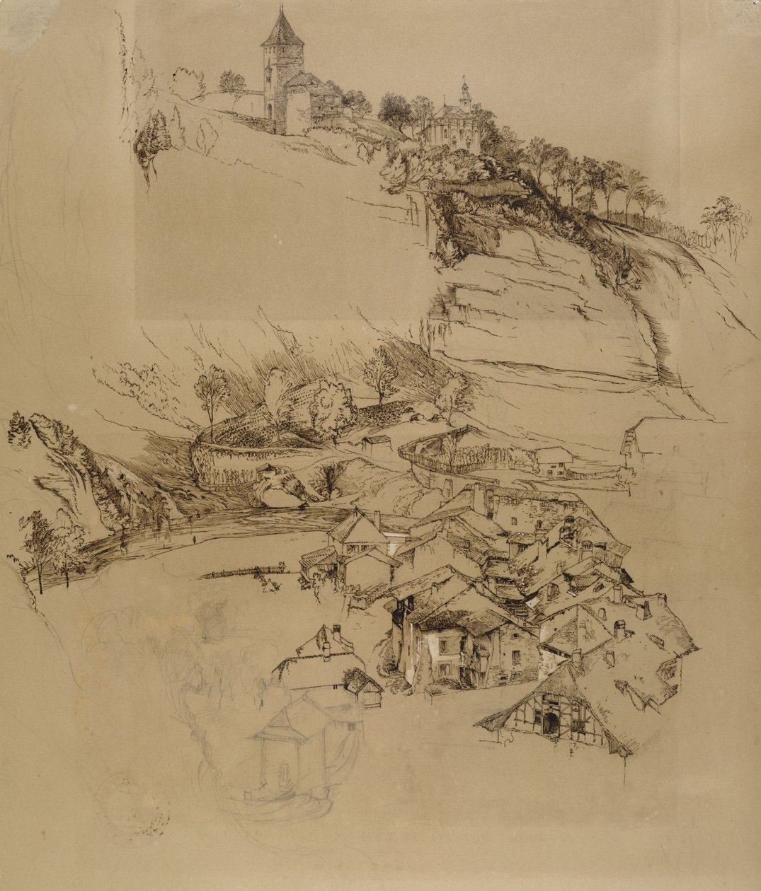 فريبورغ ، سويسرا: رسم بالقلم الرصاص ، يوليو أو أغسطس - سبتمبر 1856 (قلم وجرافيت بلون أبيض على ورق نسج بني) بواسطة جون روسكين