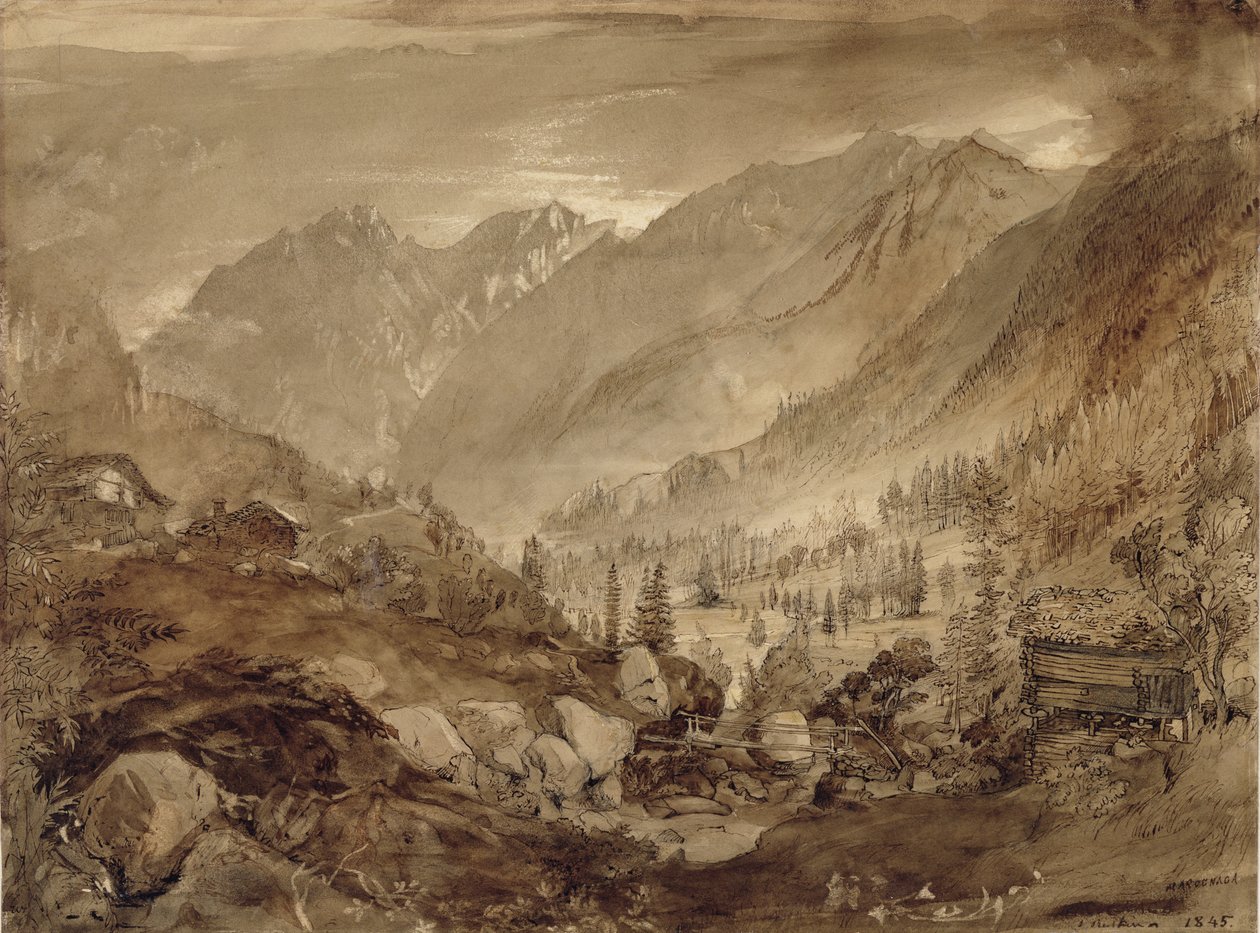 منظر طبيعي جبلي ، Macugnaga ، 1845 (قلم جاف وحبر بني اللون ويغسل فوق قلم رصاص على ورق) بواسطة جون روسكين