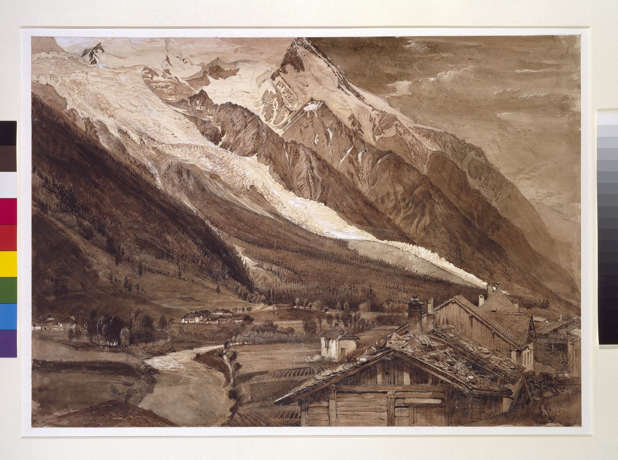 Recto: The Glacier des Bossons ، Chamonix ، June 1849 (قلم وغسل بحبر بني داكن ، ولون جسم ، فوق الجرافيت على ورق منسوج) بواسطة جون روسكين