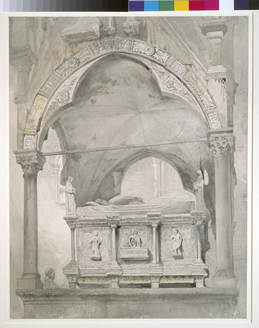 دراسة تفاصيل التابوت والمظلة في قبر ماستينو الثاني ديلا سكالا في فيرونا ، 1852 الجرافيت والألوان المائية على ورق منسوج بواسطة جون روسكين