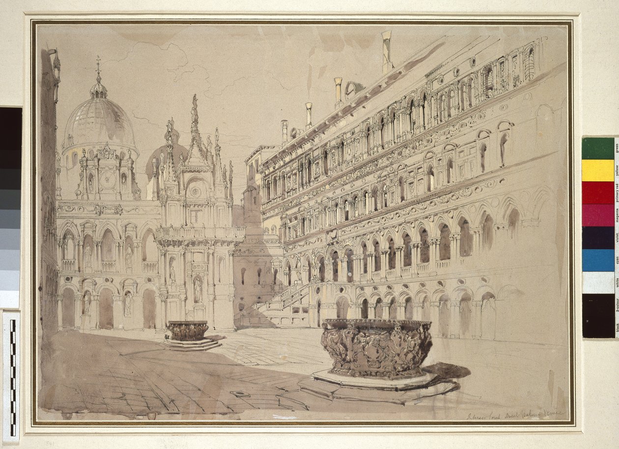 The Court of the Ducal Palace ، البندقية ، مايو 1841 (الجرافيت ، والألوان المائية ، وألوان الجسم والقلم والحبر على ورق نسج رمادي باهت) بواسطة جون روسكين