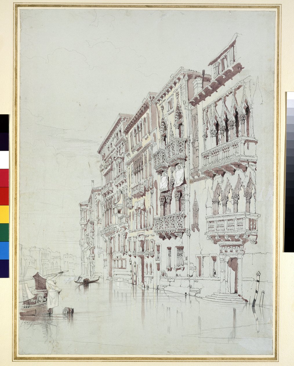 Palazzo Contarini-Fasan ، البندقية ، 6-16 مايو 1841 (الجرافيت ، والألوان المائية ، وألوان الجسم ، مع بعض الخدوش ، على ورق رمادي) بواسطة جون روسكين
