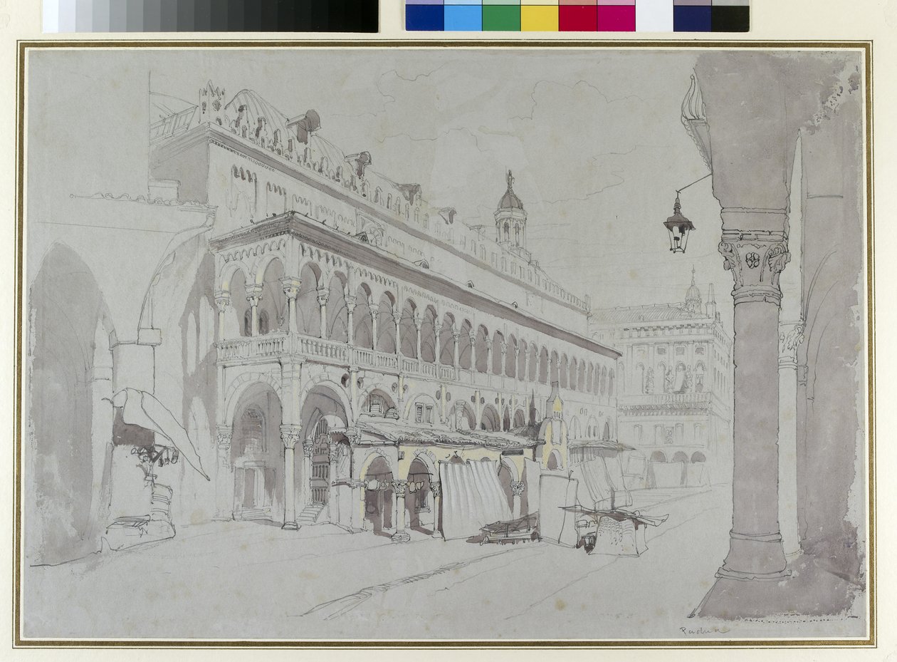 Palazzo della Ragione و Piazza delle Erbe ، Padua ، May 1841 (الجرافيت ، والألوان المائية ، ولون الجسم والقلم والحبر على الورق الرمادي) بواسطة جون روسكين