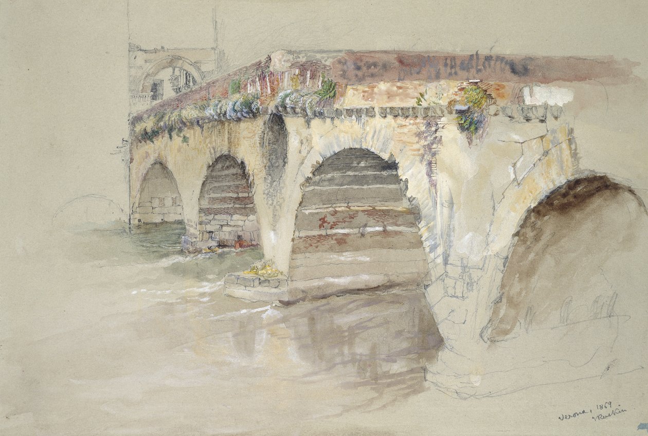 ال Ponte della Pietra ، فيرونا ، 14 - 17 يونيو 1869 (ألوان مائية وألوان على الجرافيت على ورق منسوج رمادي) بواسطة جون روسكين
