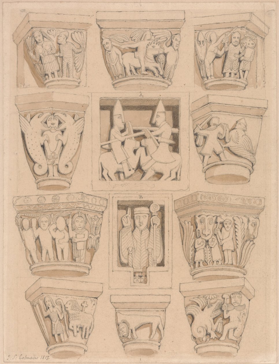 العواصم و A و B Bas-Reliefs في كنيسة دير سانت جورج دي بوشرفيل ، بالقرب من روان ، نورم ... بواسطة جون سيل كوتمان