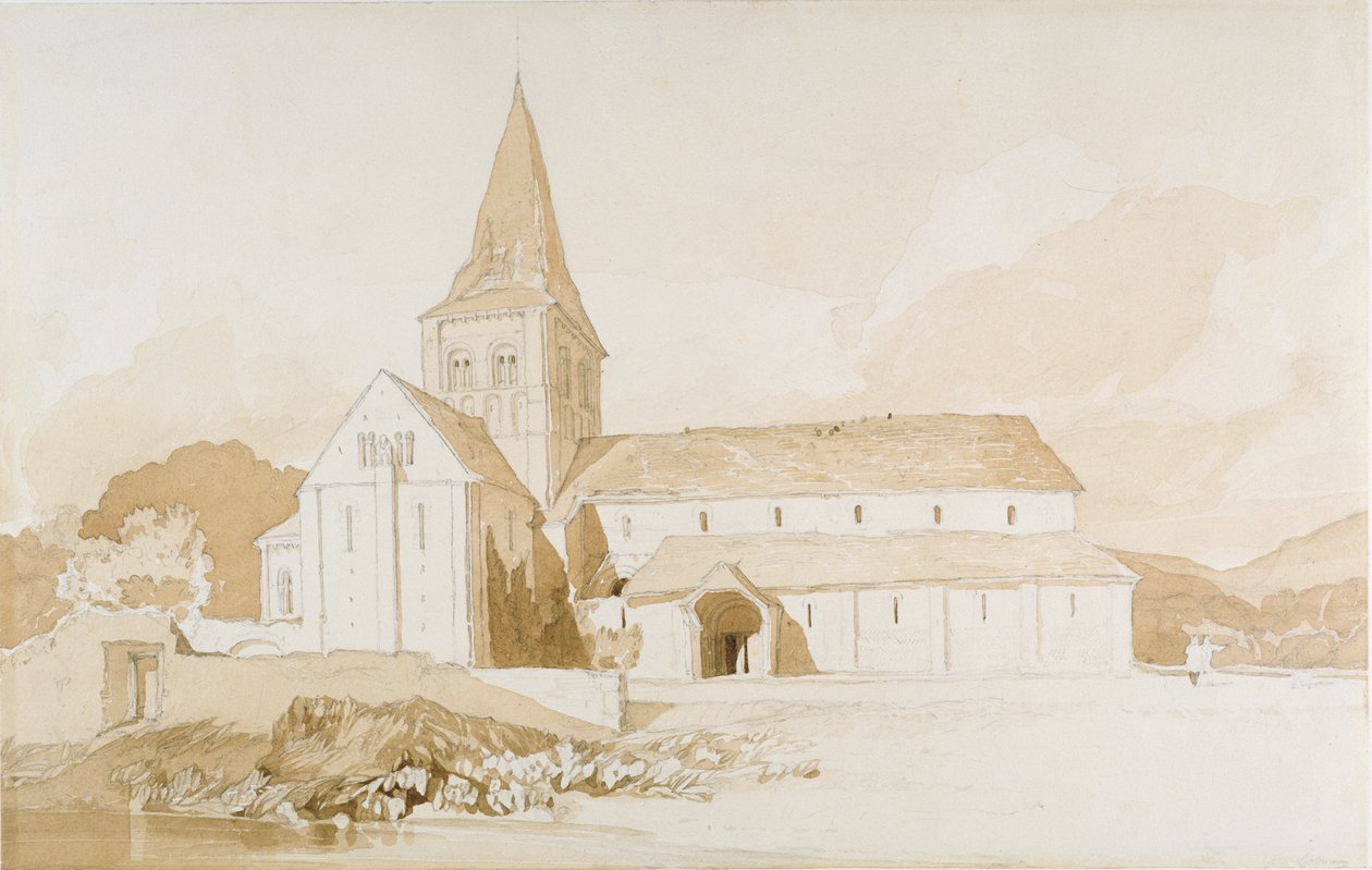 Notre Dame sur l&39;Eau ، Domfront ، Normandy ، c.1820 (غسيل بني وجرافيت على ورق) بواسطة جون سيل كوتمان