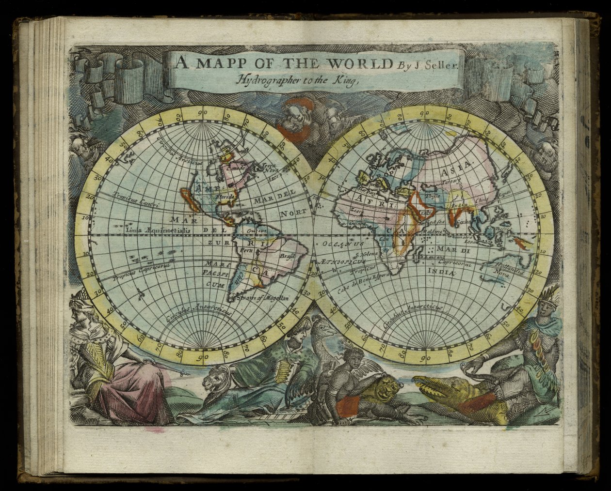 خريطة للعالم من Atlas maritimus بواسطة John Seller ، 1682 (نقش ملون باليد) بواسطة جون البائع