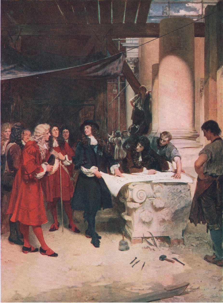 الملك تشارلز يزور ورين أثناء بناء القديس بولس ، من Cassells History of the British People التي نشرتها شركة Waverley Book Company Limited ، c.1940 بواسطة جون سيمور لوكاس