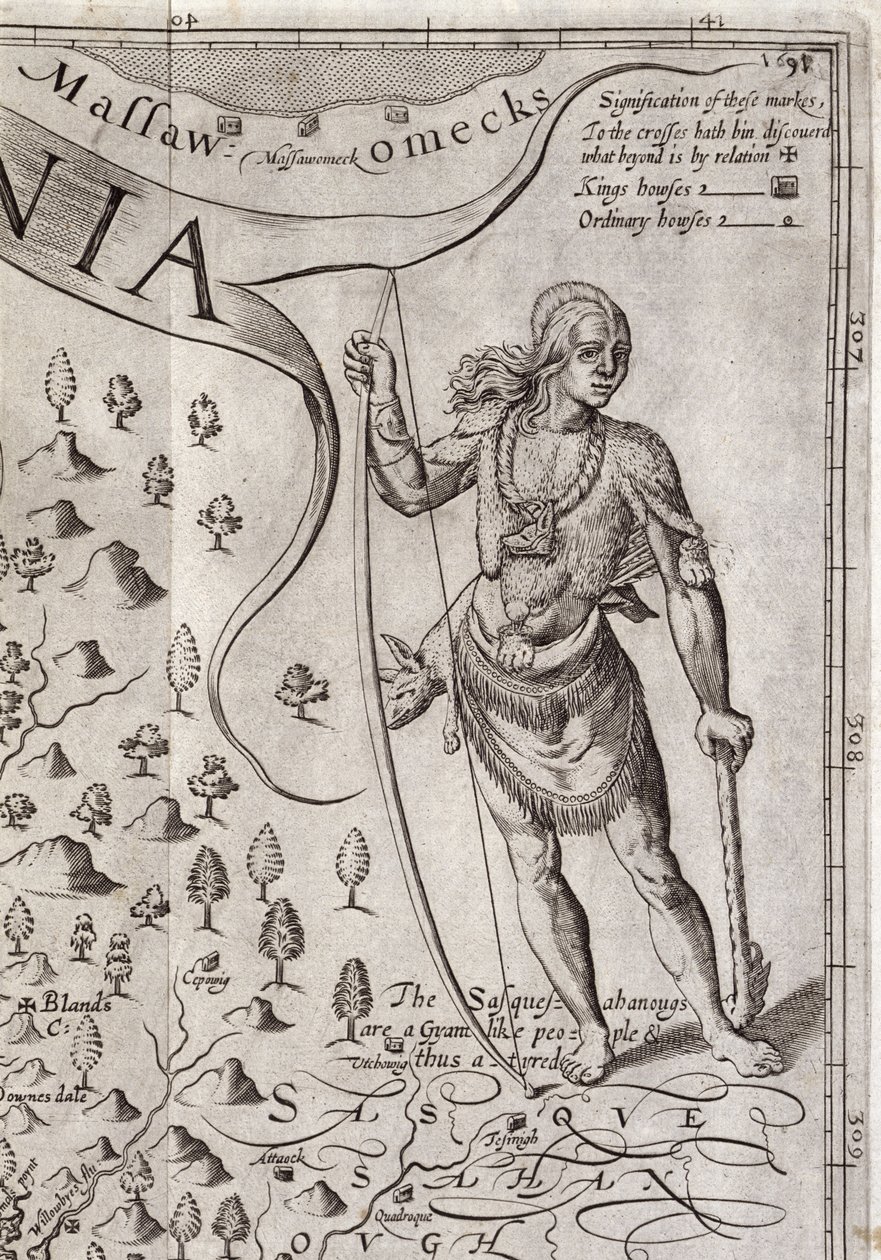 محارب Susquehannock ، التفاصيل من خريطة فرجينيا ، محفورة بواسطة ويليام هول (fl. 1607-24) ، تم نشره عام 1612 (انظر 174211) بواسطة جون سميث 2