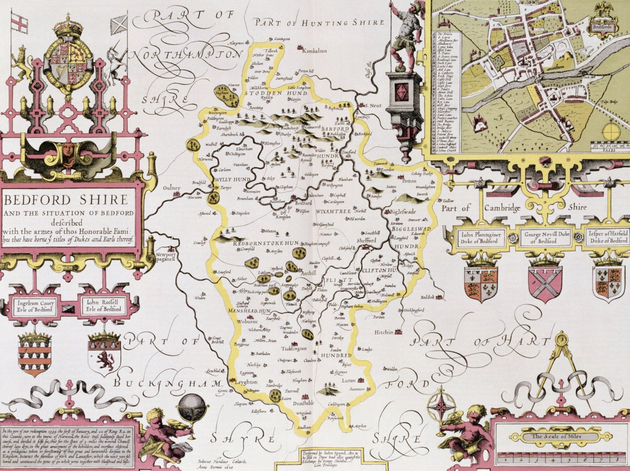بيدفوردشير وحالة بيدفورد ، نقشها جودوكوس هونديوس (1563-1612) من "مسرح إمبراطورية بريطانيا العظمى" ، جون. بقلم جون سودبوري وجورج همبل ، 1611-12 (العقيد اليد بواسطة جون سبيد