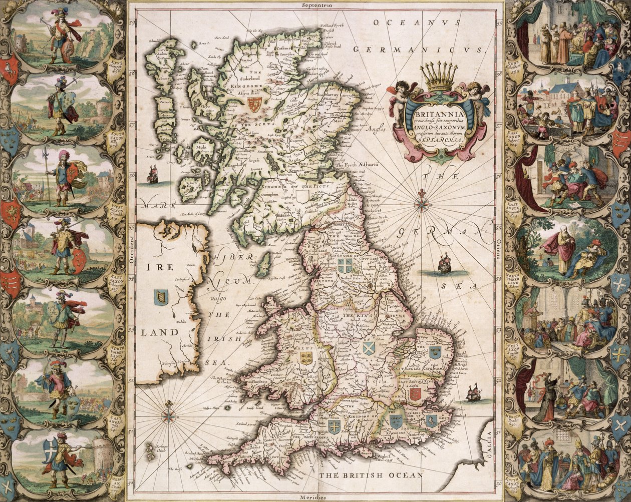 بريطانيا كما تم تقسيمها في عهد إنجليش ساكسون ، 1616 (نقش الألوان) بواسطة جون سبيد