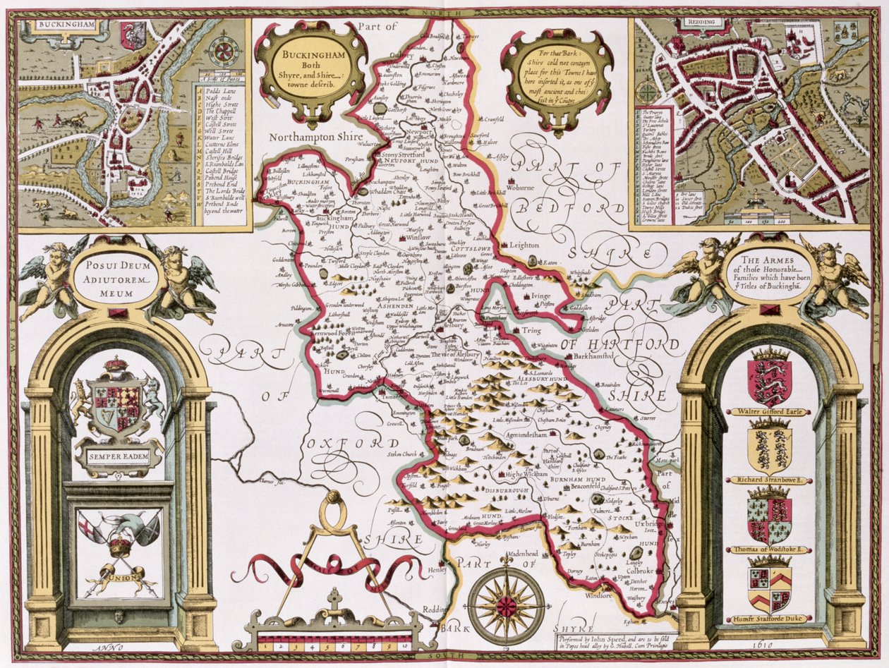 باكينجهامشاير ، نقشها جودوكوس هونديوس (1563-1612) من "مسرح إمبراطورية بريطانيا العظمى" ، جون. بواسطة John Sudbury و George Humble ، 1611-12 (نقش نحاسي ملون باليد) بواسطة جون سبيد