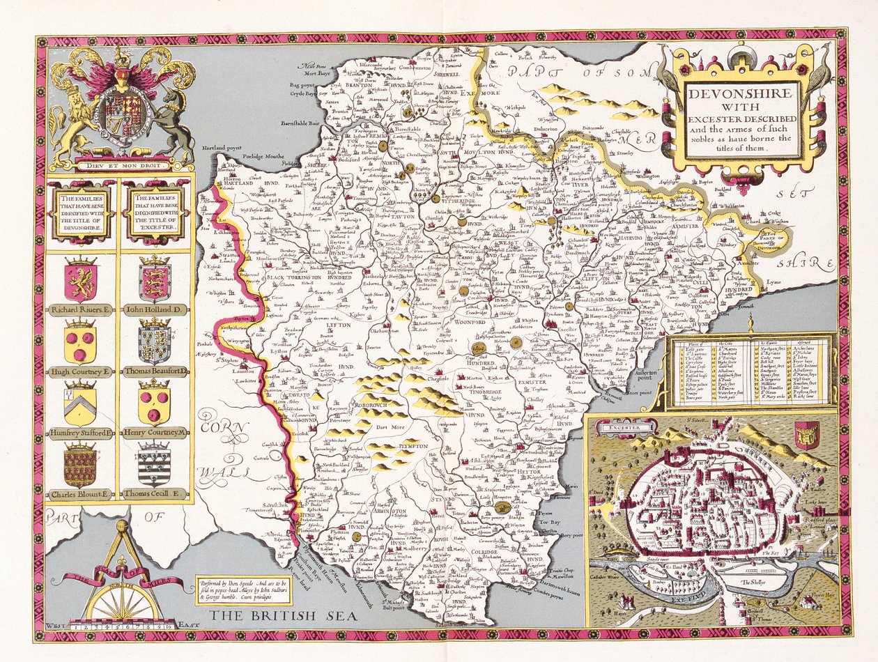 ديفونشاير ، نقشها جودوكوس هونديوس (1563-1612) من مسرح جون سبيد لإمبراطورية بريطانيا العظمى ، حانة. بواسطة John Sudbury و George Humble ، 1611-12 (نقش نحاسي ملون باليد) بواسطة جون سبيد