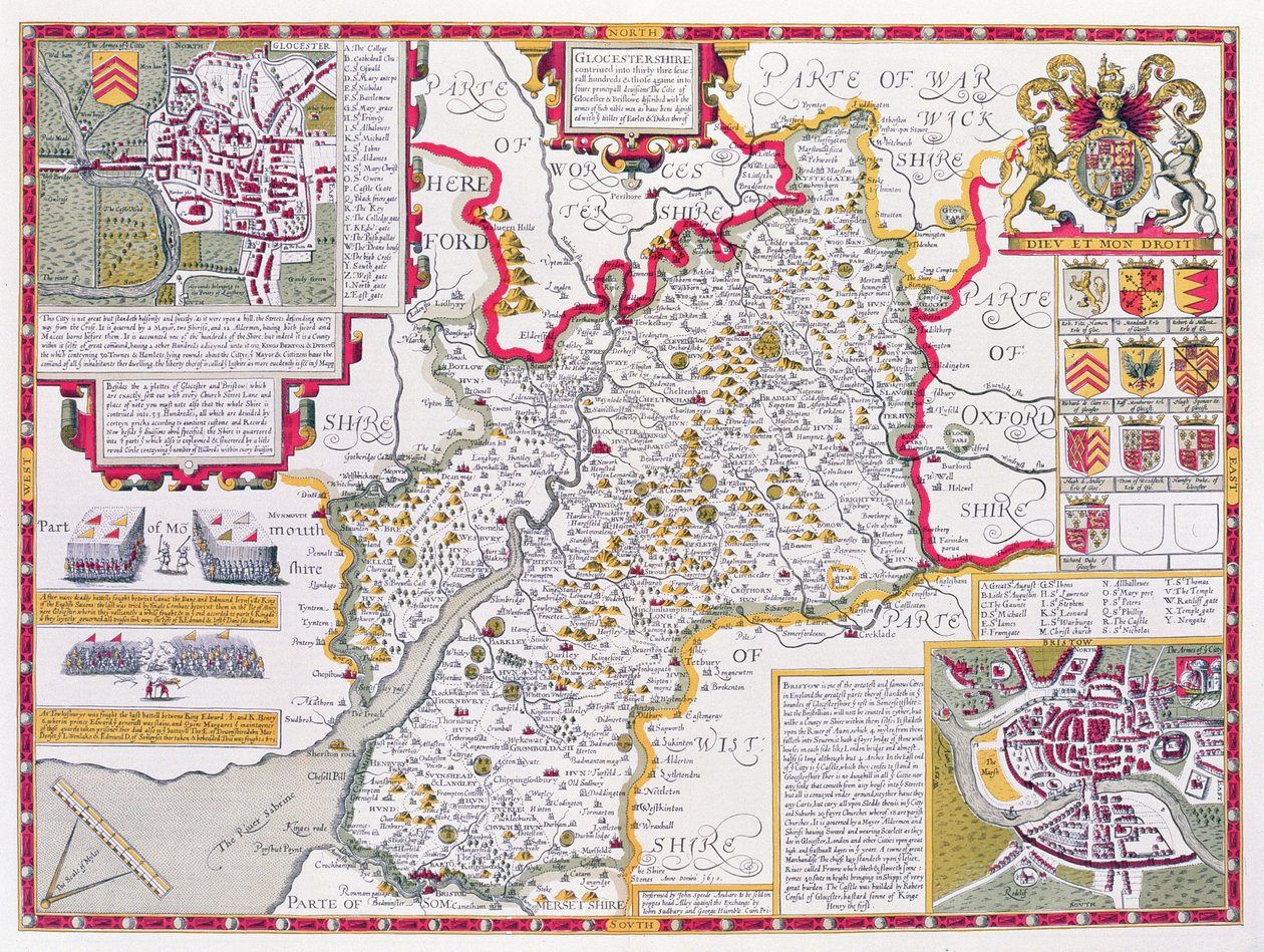 غلوسترشاير ، نقشها جودوكوس هونديوس (1563-1612) من "مسرح إمبراطورية بريطانيا العظمى" ، جون. بواسطة John Sudbury و George Humble ، 1611-12 (نقش نحاسي ملون باليد) بواسطة جون سبيد
