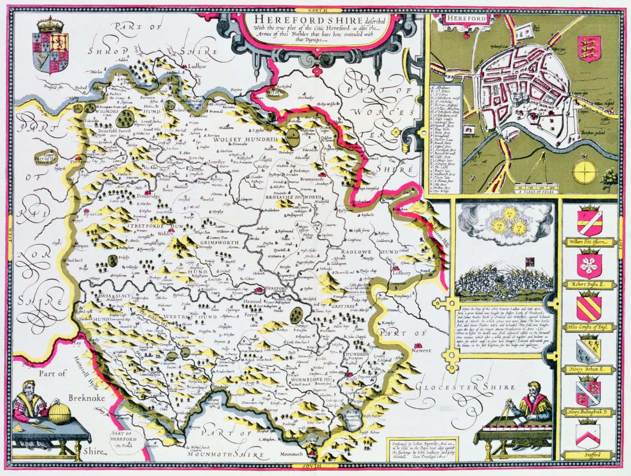 هيريفوردشاير ، نقشها جودوكوس هونديوس (1563-1612) من "مسرح إمبراطورية بريطانيا العظمى" ، جون. بواسطة John Sudbury و George Humble ، 1611-12 (نقش نحاسي ملون باليد) بواسطة جون سبيد