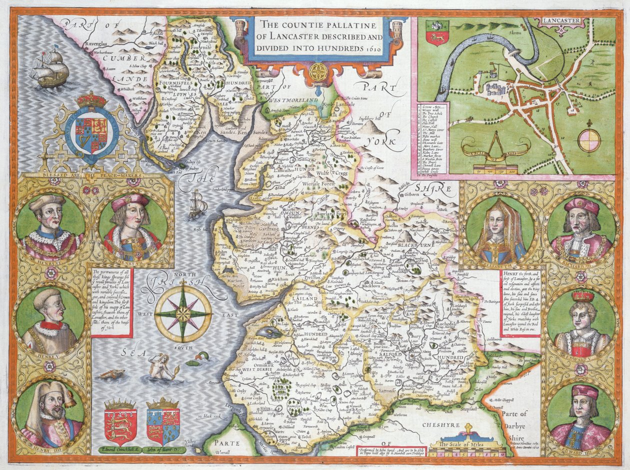 لانكشاير في عام 1610 ، من "مسرح إمبراطورية بريطانيا العظمى" ، الطبعة الأولى ، الحانة. 1611-12 (نقش نحاسي ملون باليد) بواسطة جون سبيد