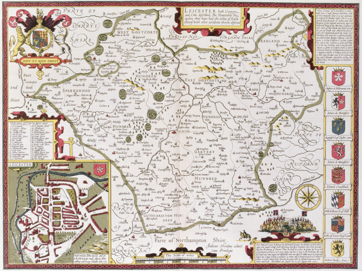 ليستر ، نقشها جودوكوس هونديوس (1563-1612) من "مسرح إمبراطورية بريطانيا العظمى" ، جون. بواسطة John Sudbury و George Humble ، 1611-12 (نقش نحاسي ملون باليد) بواسطة جون سبيد