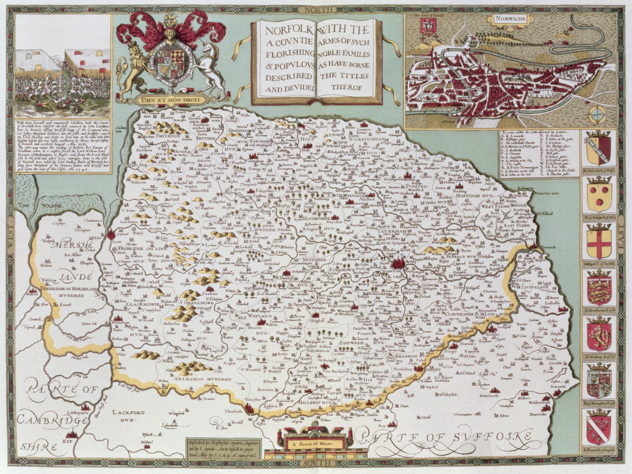 نورفولك ، نقشها جودوكوس هونديوس (1563-1612) من "مسرح إمبراطورية بريطانيا العظمى" ، جون. بواسطة John Sudbury و George Humble ، 1611-12 (نقش نحاسي ملون باليد) بواسطة جون سبيد