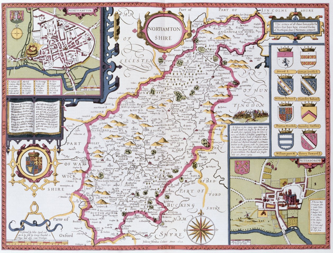 Northamtonshire ، محفورة بواسطة Jodocus Hondius (1563-1612) من "مسرح إمبراطورية بريطانيا العظمى" ، جون. بواسطة John Sudbury و George Humble ، 1611-12 (نقش نحاسي ملون باليد) بواسطة جون سبيد