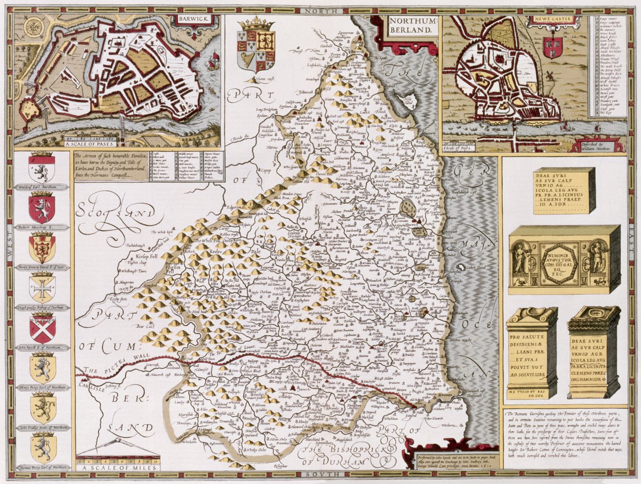 نورثمبرلاند ، نقشها جودوكوس هونديوس (1563-1612) من "مسرح إمبراطورية بريطانيا العظمى" ، جون. بواسطة John Sudbury و George Humble ، 1611-12 (نقش نحاسي ملون باليد) بواسطة جون سبيد