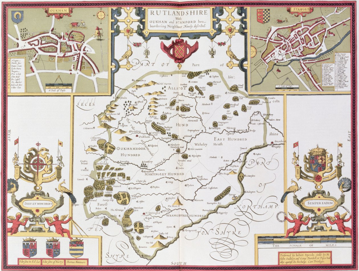 روتلاندشاير مع Oukham و Stanford ، نقشها Jodocus Hondius (1563-1612) من "مسرح إمبراطورية بريطانيا العظمى" ، جون. بقلم جون سودبوري وجورج همبل ، 1611-12 (يد ملونة) بواسطة جون سبيد